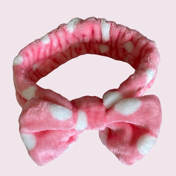 Headband with Bow Pink Polka Dot White Women’s Girl Hairband Makeup - Picture 1 of 9